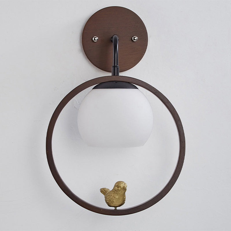 Traditional Chinese Rubber Wood Glass Round Bird 1-Light Wall Sconce Lamp For Hallway