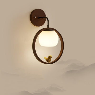 Traditional Chinese Rubber Wood Glass Round Bird 1-Light Wall Sconce Lamp For Hallway