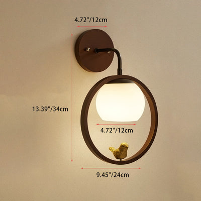 Traditional Chinese Rubber Wood Glass Round Bird 1-Light Wall Sconce Lamp For Hallway