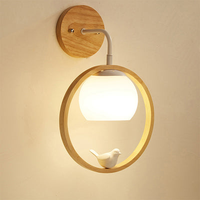 Traditional Chinese Rubber Wood Glass Round Bird 1-Light Wall Sconce Lamp For Hallway