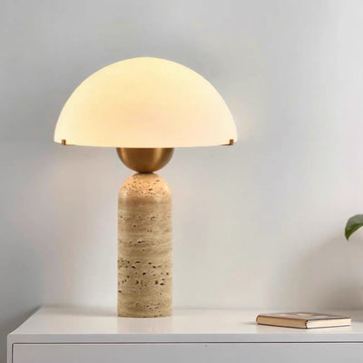 Contemporary Scandinavian Travertine Marble Glass Resin Dome Cylinder 1-Light Table Lamp For Bedside