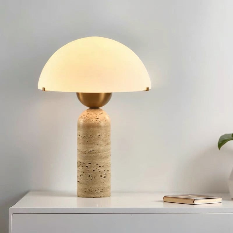 Contemporary Scandinavian Travertine Marble Glass Resin Dome Cylinder 1-Light Table Lamp For Bedside