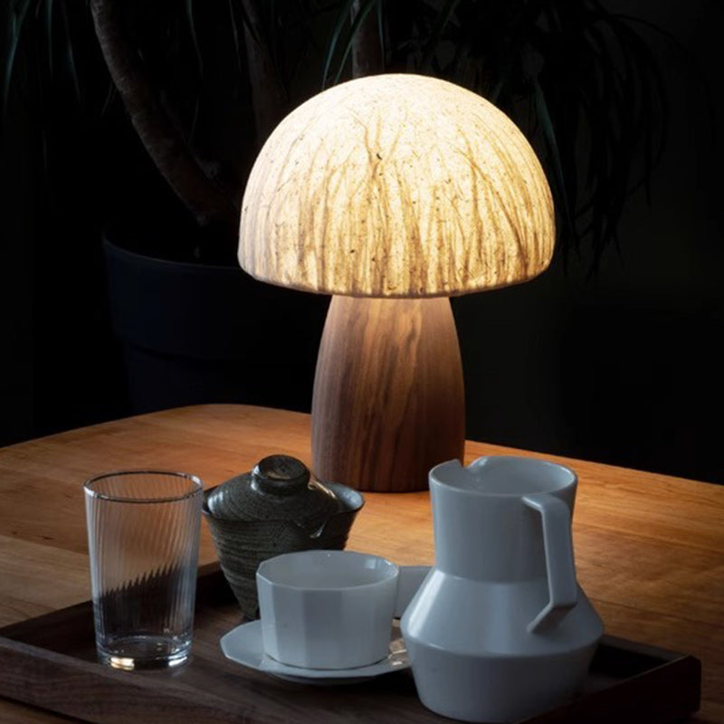 Traditional Japanese Paper Wood Mushroom Dome Texture 1-Light Table Lamp For Bedside