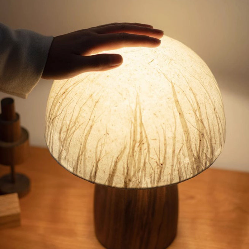 Traditional Japanese Paper Wood Mushroom Dome Texture 1-Light Table Lamp For Bedside