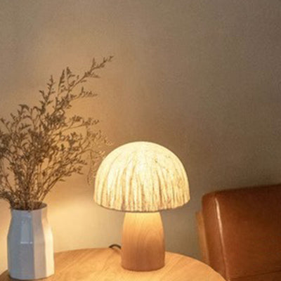 Traditional Japanese Paper Wood Mushroom Dome Texture 1-Light Table Lamp For Bedside