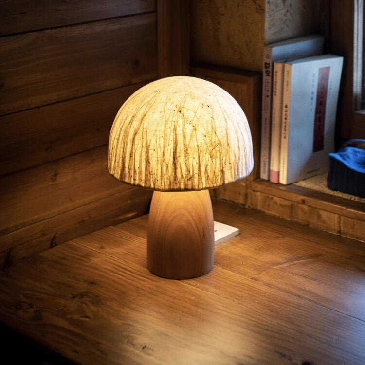 Traditional Japanese Paper Wood Mushroom Dome Texture 1-Light Table Lamp For Bedside