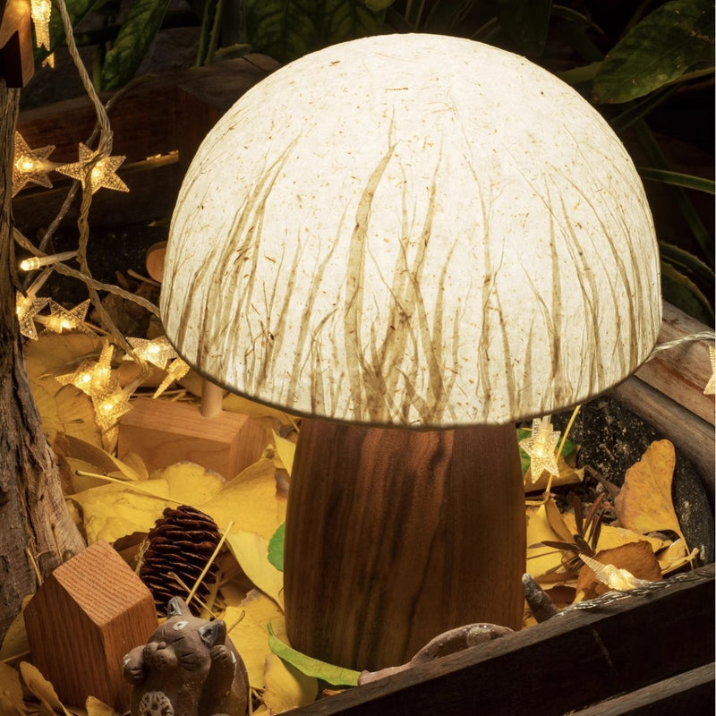 Traditional Japanese Paper Wood Mushroom Dome Texture 1-Light Table Lamp For Bedside