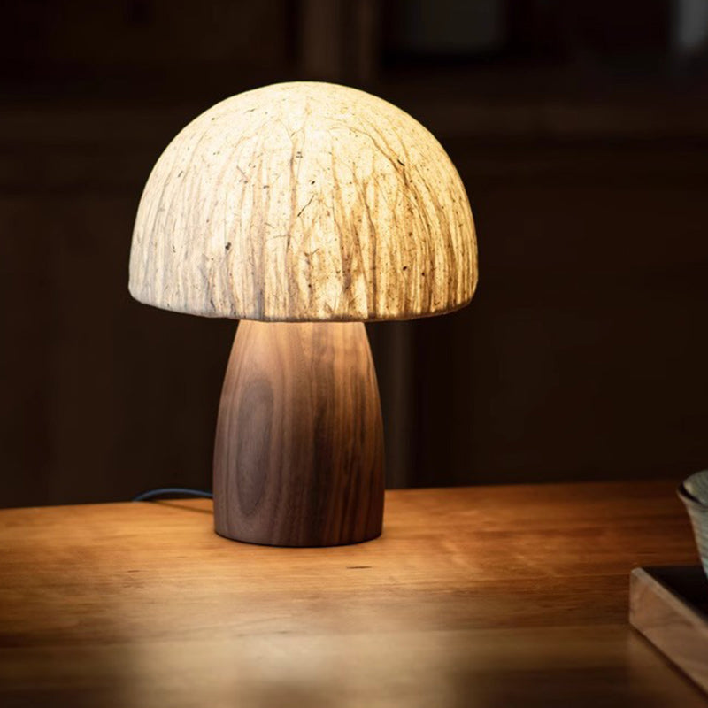 Traditional Japanese Paper Wood Mushroom Dome Texture 1-Light Table Lamp For Bedside