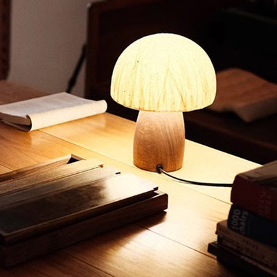 Traditional Japanese Paper Wood Mushroom Dome Texture 1-Light Table Lamp For Bedside