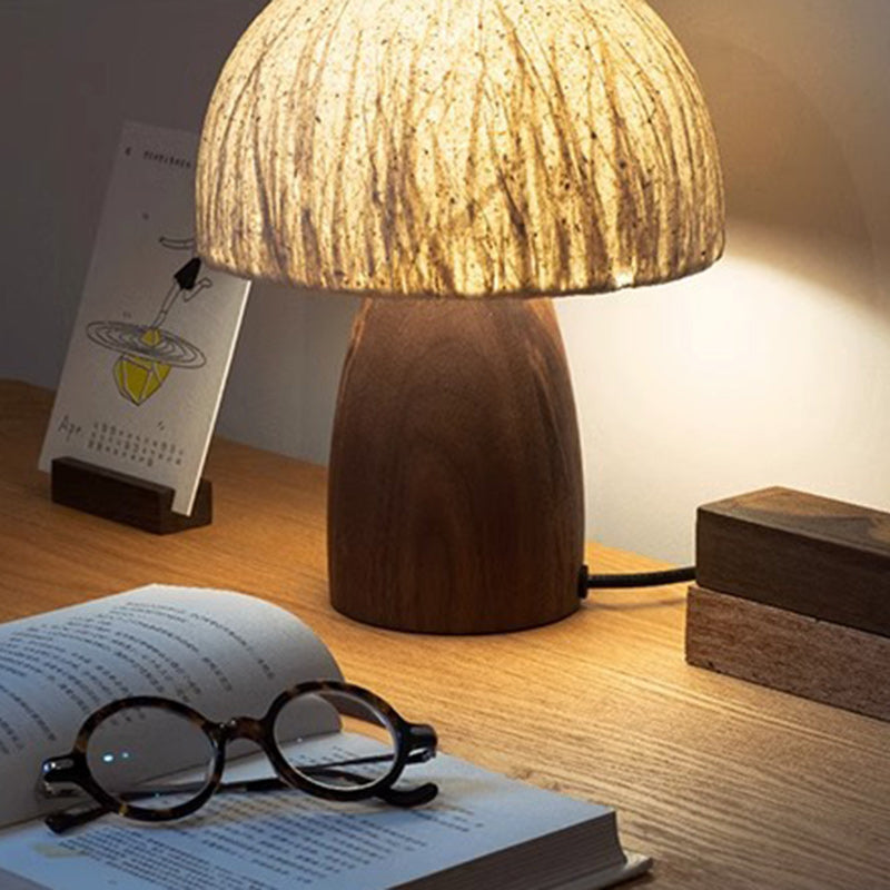 Traditional Japanese Paper Wood Mushroom Dome Texture 1-Light Table Lamp For Bedside