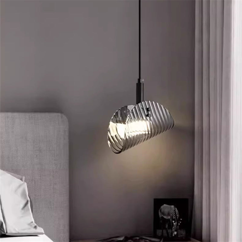 Contemporary Scandinavian Curved Striped Glass Hardware LED Pendant Light For Bedside