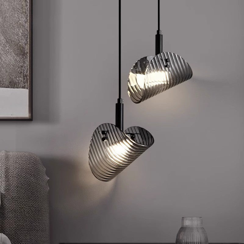 Contemporary Scandinavian Curved Striped Glass Hardware LED Pendant Light For Bedside