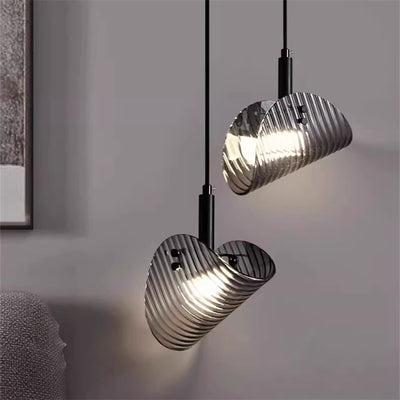 Contemporary Scandinavian Curved Striped Glass Hardware LED Pendant Light For Bedside