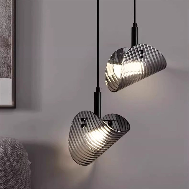 Contemporary Scandinavian Curved Striped Glass Hardware LED Pendant Light For Bedside