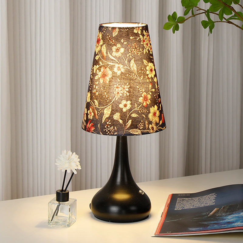 Traditional French Cylinder Floral Gourd Rechargeable Fabric Iron 1-Light Table Lamp Night Light For Bedside