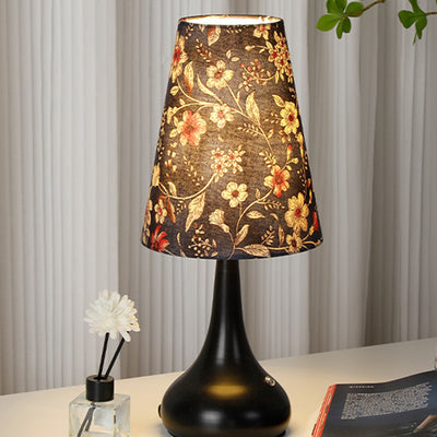 Traditional French Cylinder Floral Gourd Rechargeable Fabric Iron 1-Light Table Lamp Night Light For Bedside