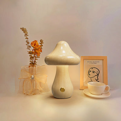 Contemporary Creative Rechargeable Mushroom Solid Wood LED Table Lamp Night Light For Bedside