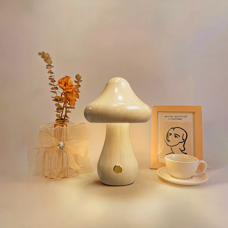 Contemporary Creative Rechargeable Mushroom Solid Wood LED Table Lamp Night Light For Bedside