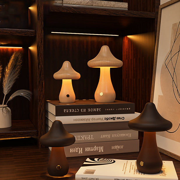 Contemporary Creative Rechargeable Mushroom Solid Wood LED Table Lamp Night Light For Bedside