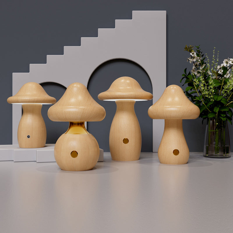 Contemporary Creative Rechargeable Mushroom Solid Wood LED Table Lamp Night Light For Bedside