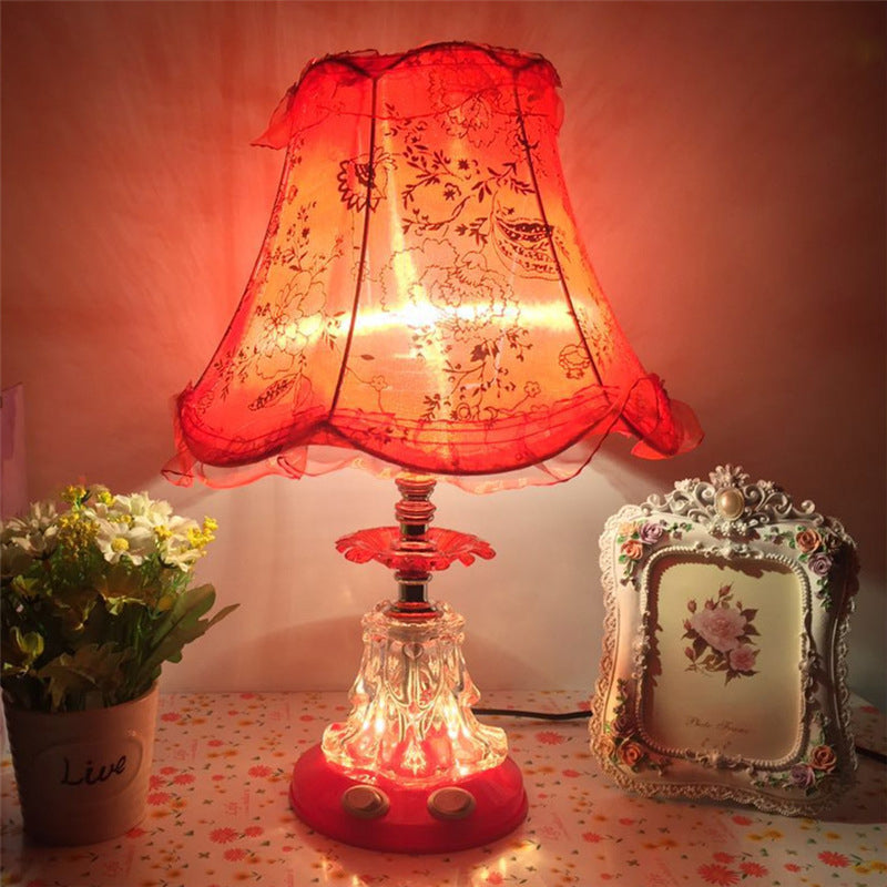 Traditional European Plastic Fabric Drum Lace Wedding 1-Light Table Lamp For Bedroom