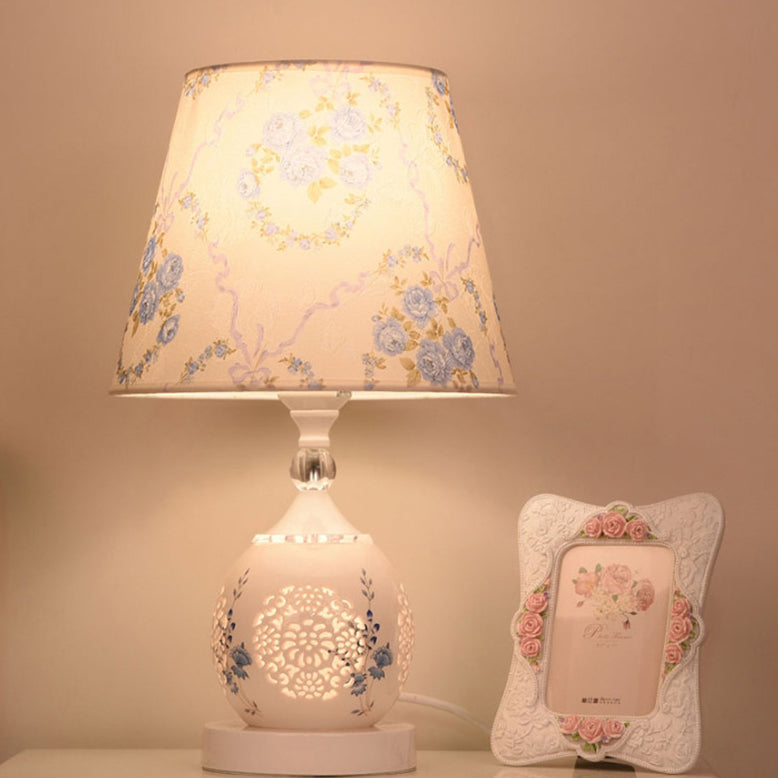 Contemporary Nordic Ceramic Fabric Cylinder Flower Skeleton Pattern 1-Light Table Lamp For Bedside