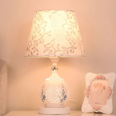 Contemporary Nordic Ceramic Fabric Cylinder Flower Skeleton Pattern 1-Light Table Lamp For Bedside