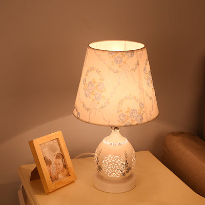 Contemporary Nordic Ceramic Fabric Cylinder Flower Skeleton Pattern 1-Light Table Lamp For Bedside