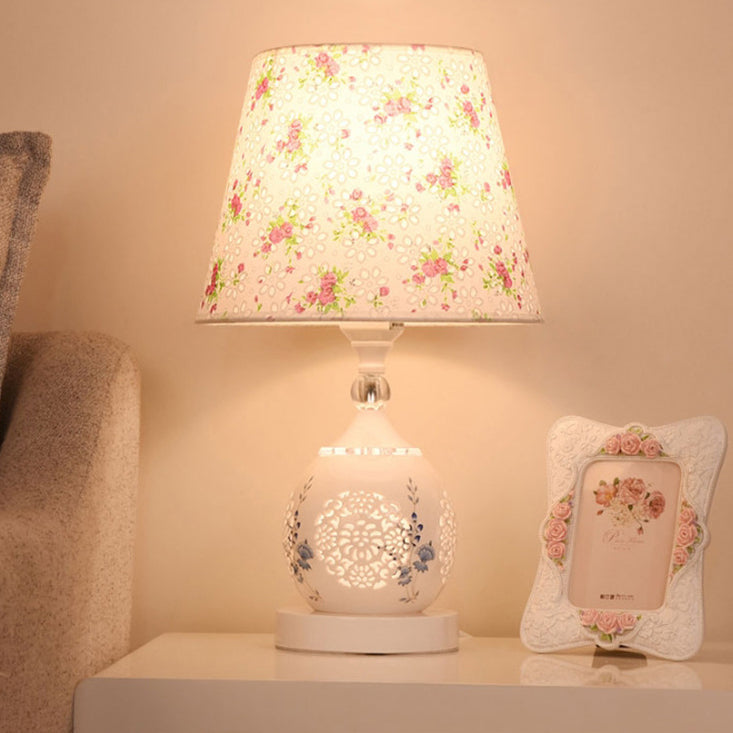 Contemporary Nordic Ceramic Fabric Cylinder Flower Skeleton Pattern 1-Light Table Lamp For Bedside