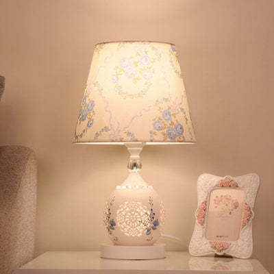 Contemporary Nordic Ceramic Fabric Cylinder Flower Skeleton Pattern 1-Light Table Lamp For Bedside