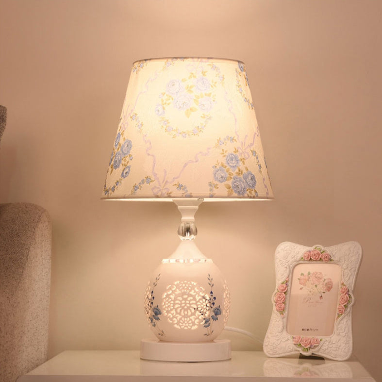 Contemporary Nordic Ceramic Fabric Cylinder Flower Skeleton Pattern 1-Light Table Lamp For Bedside