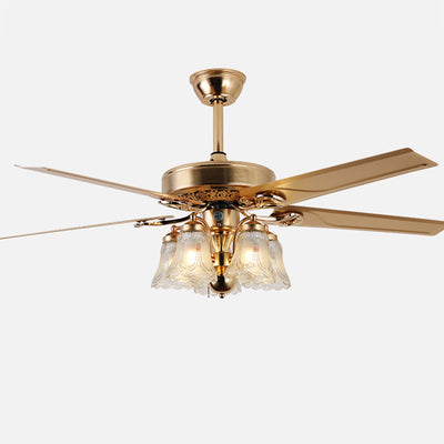 Traditional European Bell Floral Iron Wood PVC Glass 5-Light Downrods Ceiling Fan Light For Living Room