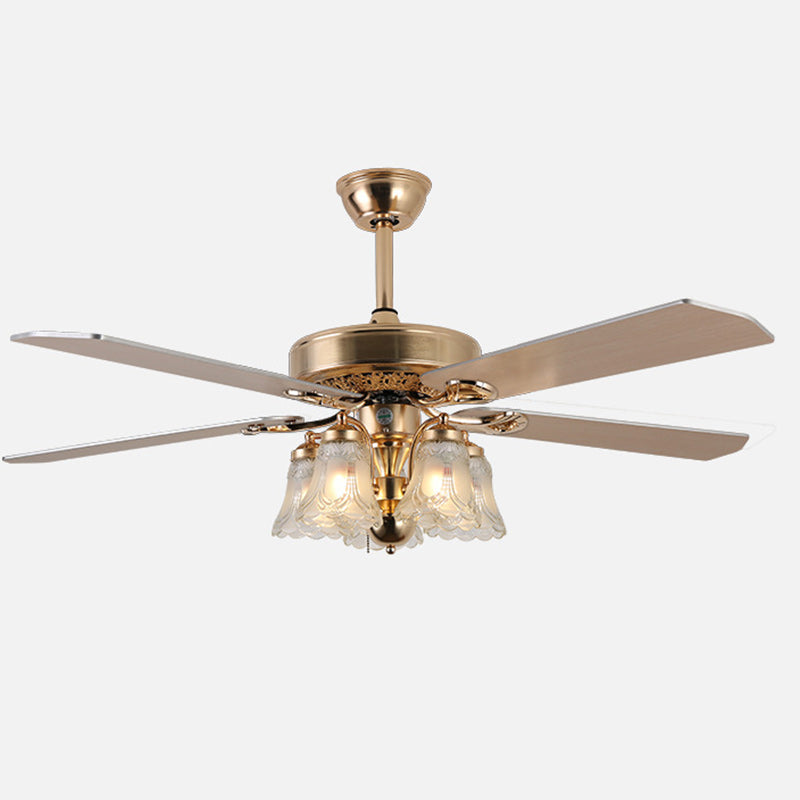 Traditional European Bell Floral Iron Wood PVC Glass 5-Light Downrods Ceiling Fan Light For Living Room