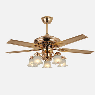 Traditional European Bell Floral Iron Wood PVC Glass 5-Light Downrods Ceiling Fan Light For Living Room