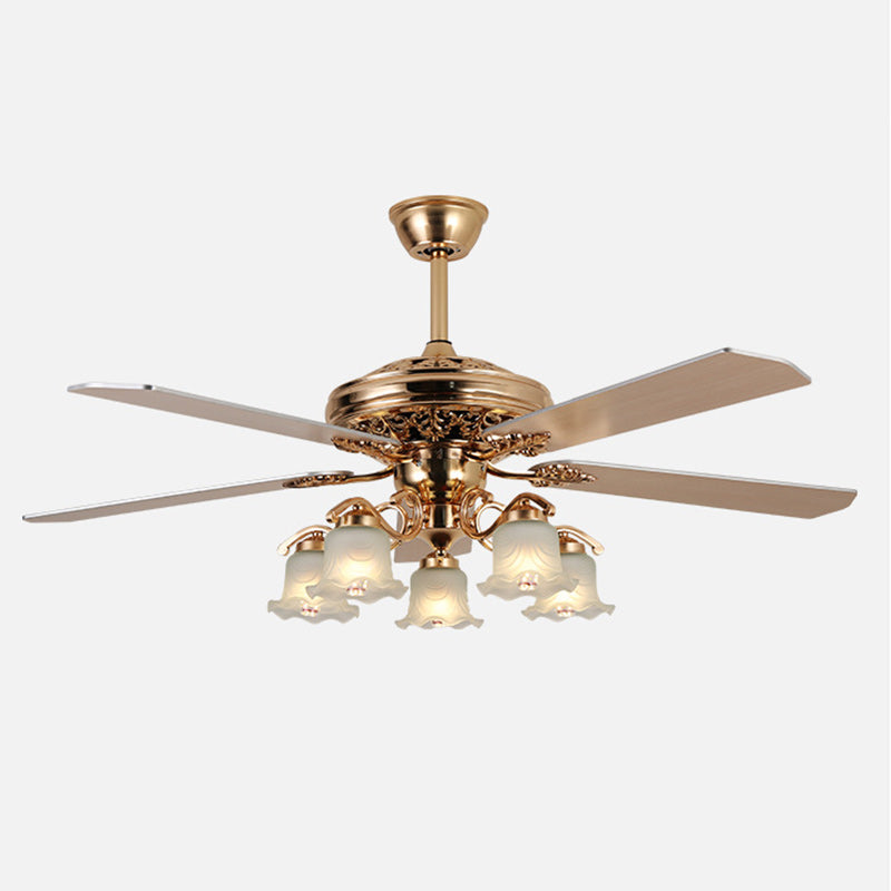 Traditional European Bell Floral Iron Wood PVC Glass 5-Light Downrods Ceiling Fan Light For Living Room