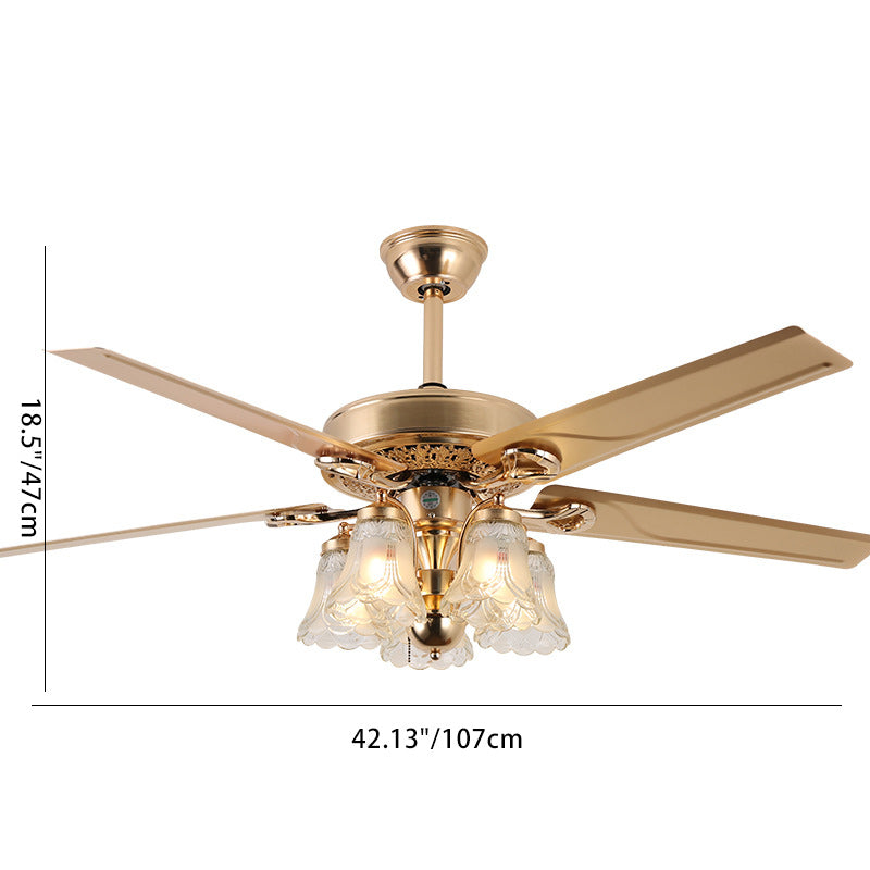 Traditional European Bell Floral Iron Wood PVC Glass 5-Light Downrods Ceiling Fan Light For Living Room