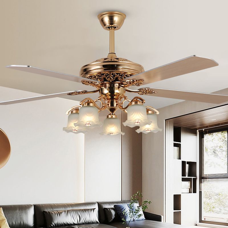 Traditional European Bell Floral Iron Wood PVC Glass 5-Light Downrods Ceiling Fan Light For Living Room