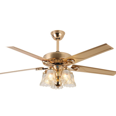 Traditional European Bell Floral Iron Wood PVC Glass 5-Light Downrods Ceiling Fan Light For Living Room