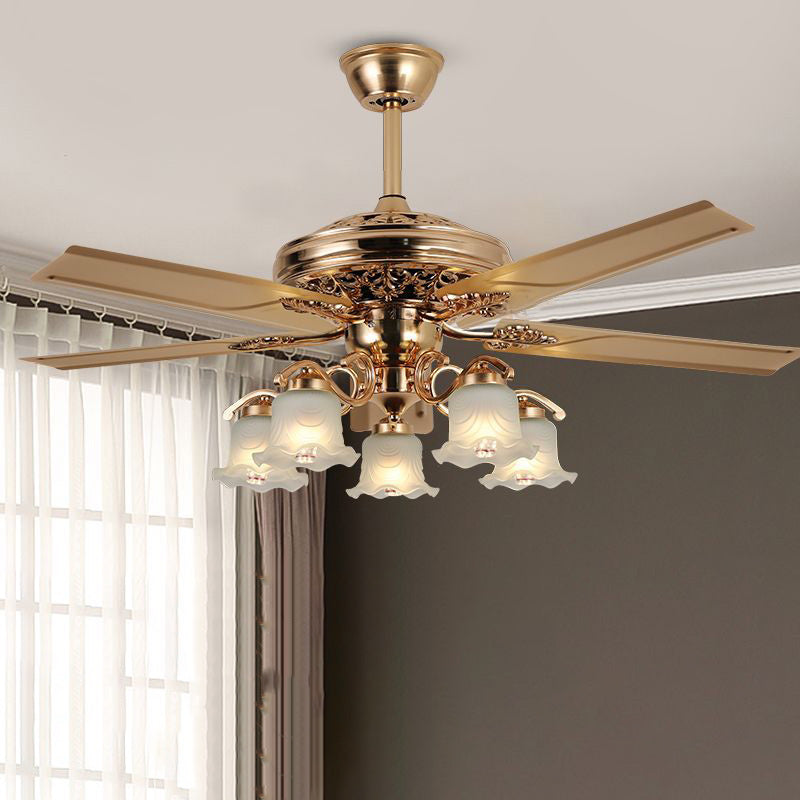 Traditional European Bell Floral Iron Wood PVC Glass 5-Light Downrods Ceiling Fan Light For Living Room