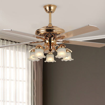 Traditional European Bell Floral Iron Wood PVC Glass 5-Light Downrods Ceiling Fan Light For Living Room