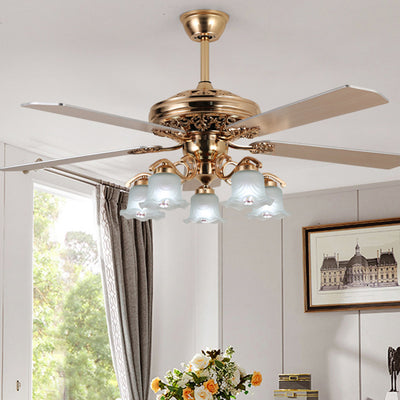 Traditional European Bell Floral Iron Wood PVC Glass 5-Light Downrods Ceiling Fan Light For Living Room