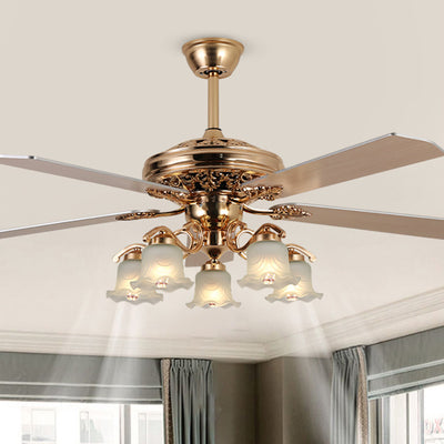 Traditional European Bell Floral Iron Wood PVC Glass 5-Light Downrods Ceiling Fan Light For Living Room