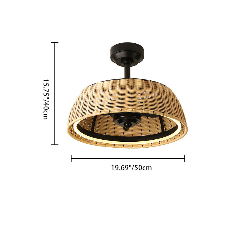 Traditional Rustic Iron Aluminum ABS Rattan Weaving Round LED Downrods Ceiling Fan Light For Dining Room