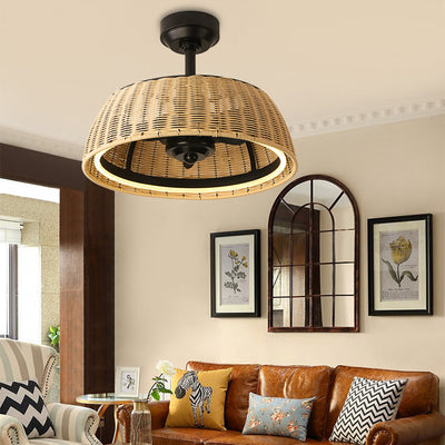 Traditional Rustic Iron Aluminum ABS Rattan Weaving Round LED Downrods Ceiling Fan Light For Dining Room