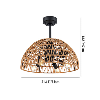 Contemporary Industrial Iron ABS Hemp Rope Weaving Dome 4-Light Downrods Ceiling Fan Light For Dining Room