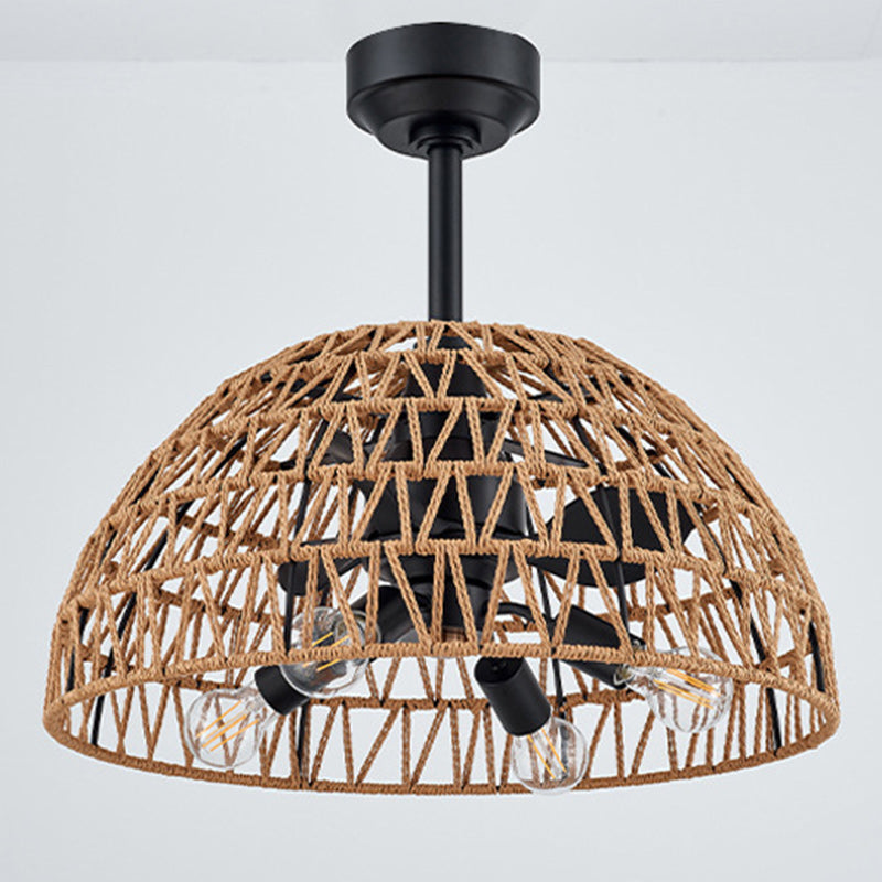 Contemporary Industrial Iron ABS Hemp Rope Weaving Dome 4-Light Downrods Ceiling Fan Light For Dining Room