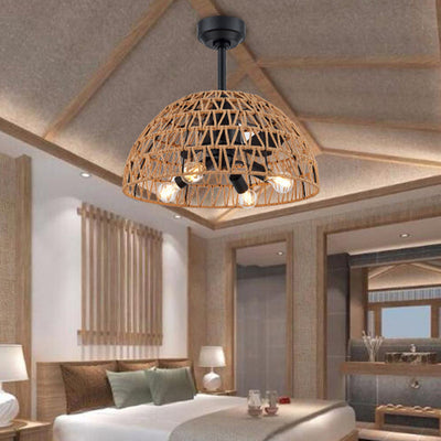 Contemporary Industrial Iron ABS Hemp Rope Weaving Dome 4-Light Downrods Ceiling Fan Light For Dining Room