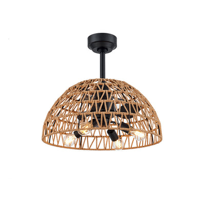 Contemporary Industrial Iron ABS Hemp Rope Weaving Dome 4-Light Downrods Ceiling Fan Light For Dining Room