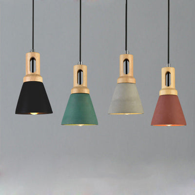 Contemporary Scandinavian Wood Cement Conic 1-Light Pendant Light For Dining Room