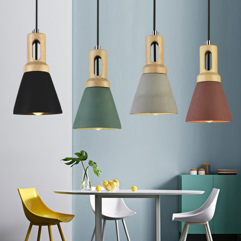 Contemporary Scandinavian Wood Cement Conic 1-Light Pendant Light For Dining Room